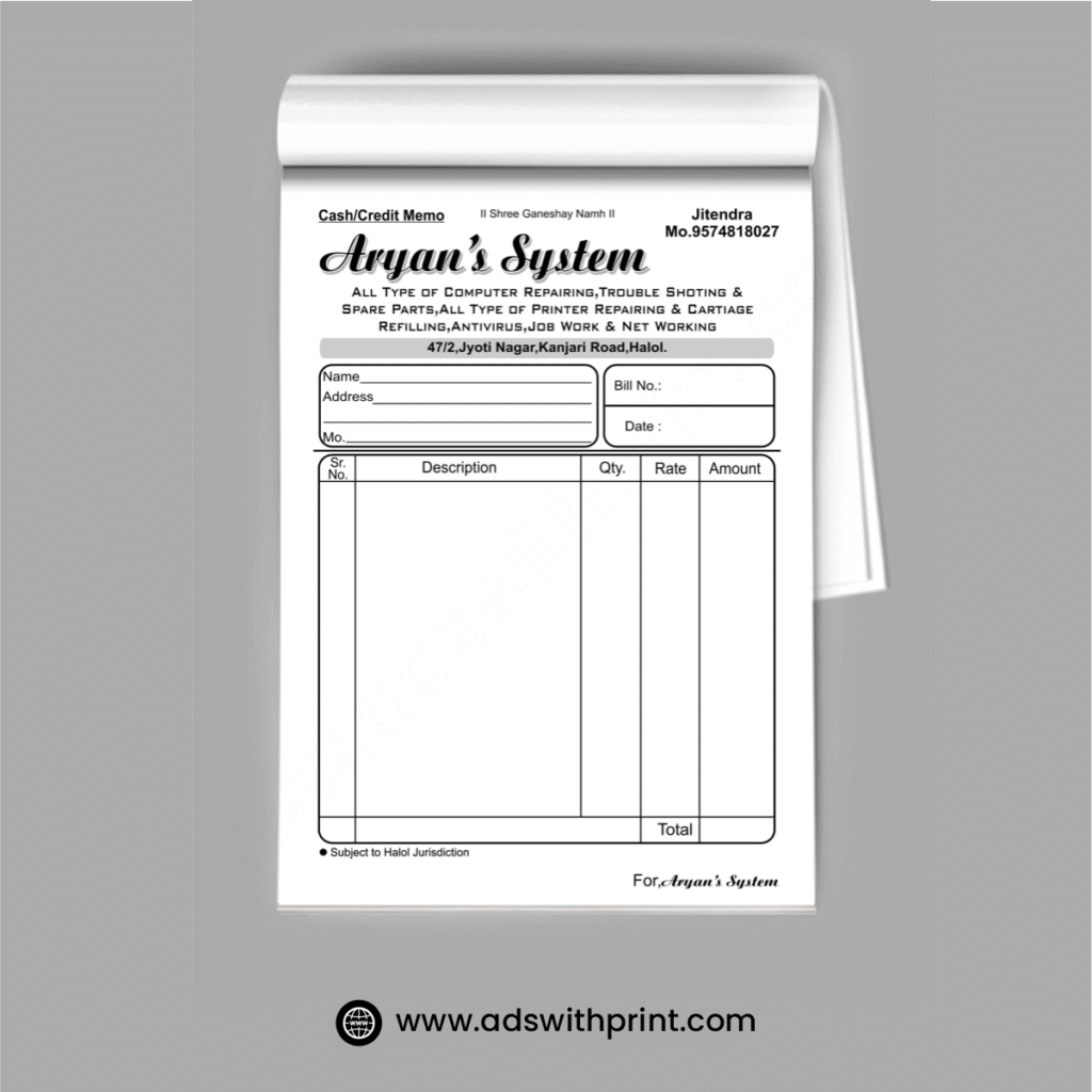 Single Color Bill Book - Invoice Book - Ads with Print