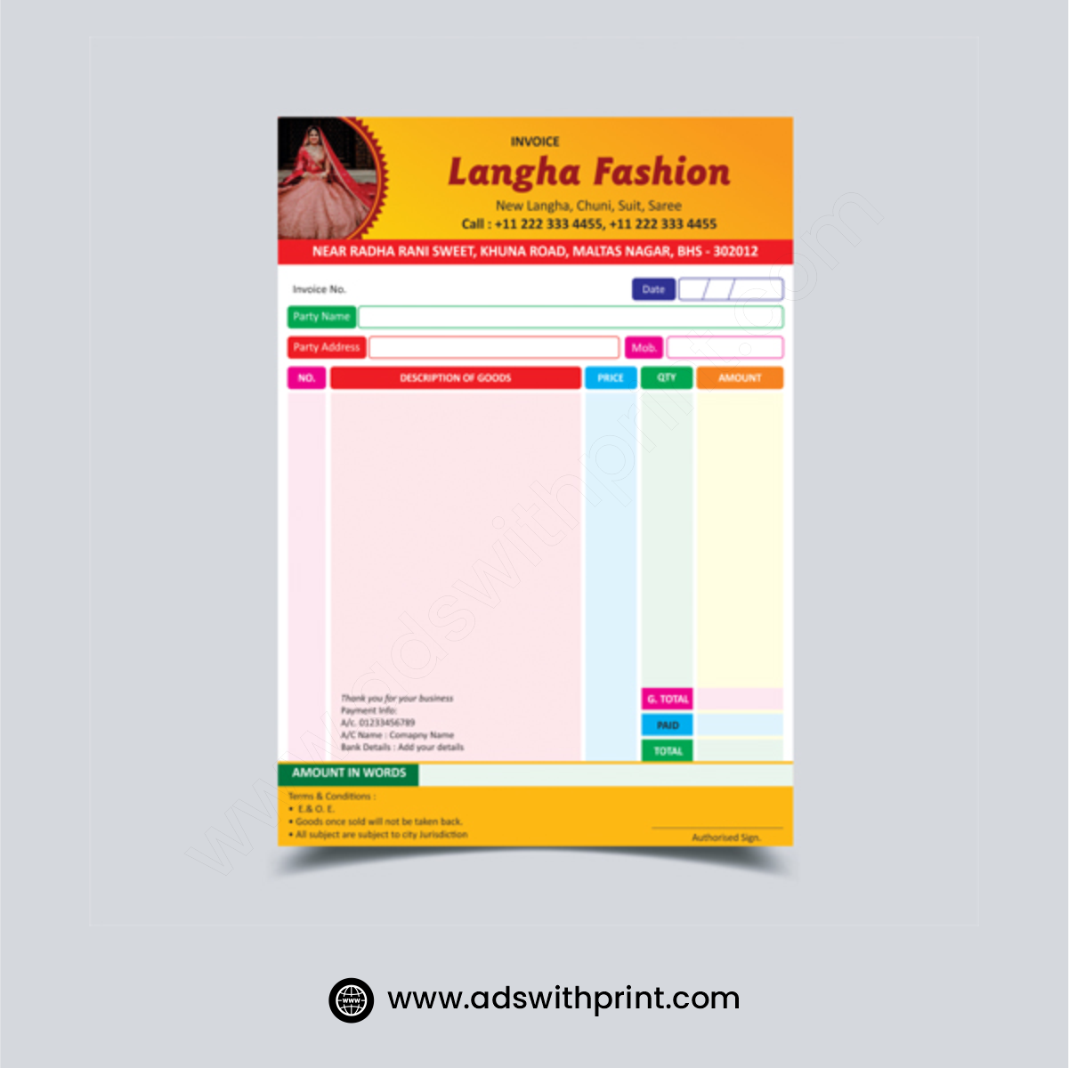 Multicolor Bill Book Printing _ 01_3 copies _Ads with Print _ Visiting Card Printing Services Multicolored GST Bill Book - Invoice Book - Ads with Print