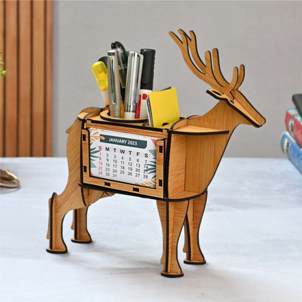 Deer Showpiece Desk Organizer With Clock & Calendar