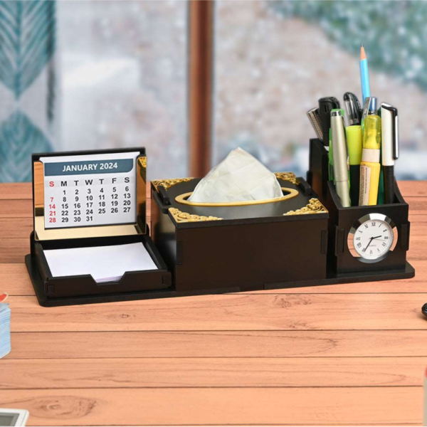 Desk Organizer With Clock and Calendar with Tissue Box Holder