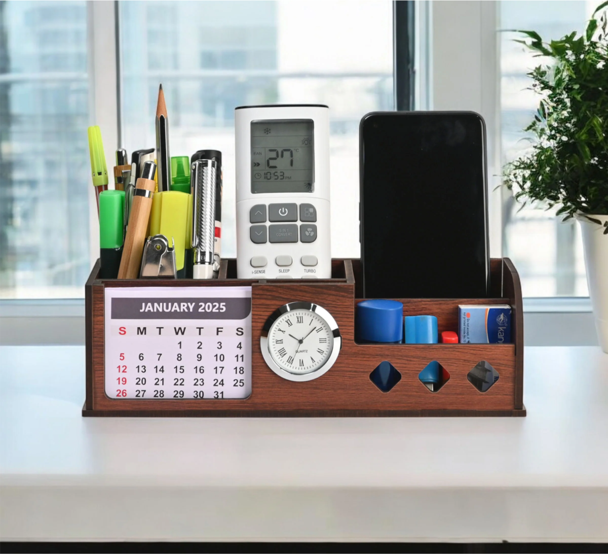 MDF Desk Organizer with Calendar, Clock and 4 Compartments