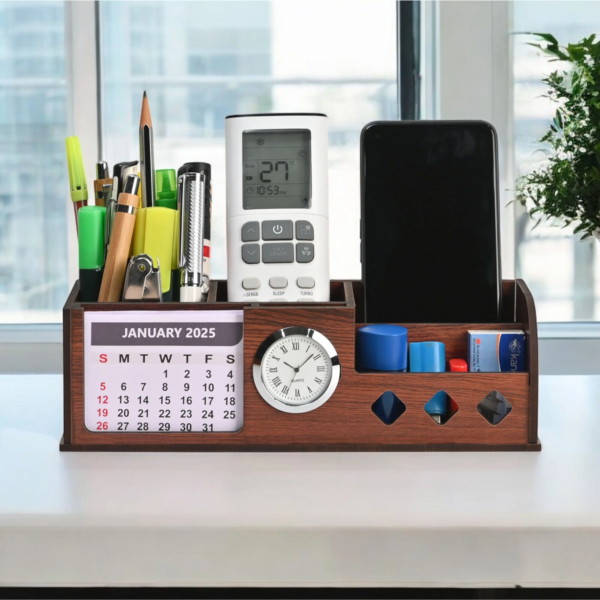 MDF Desk Organizer with Calendar, Clock and 4 Compartments