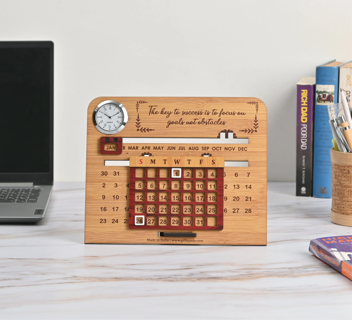 MDF Lifetime Desk Calendar With Clock